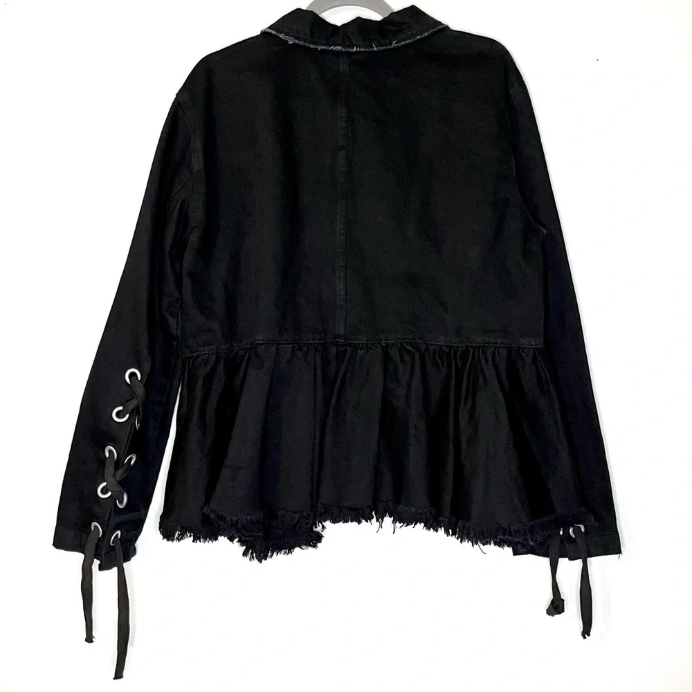 Free People Black Raw-Edge Denim Jacket with Side Tie Details NWT - Picture 7 of 16